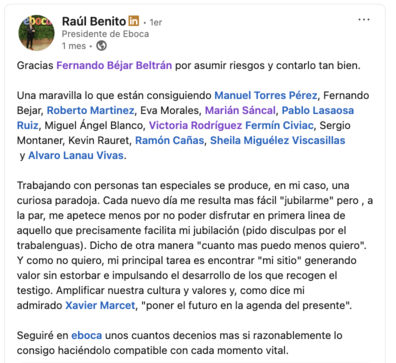 Post de Raúl Benito: liderazgo que habilita y amplifica cultura en Eboca